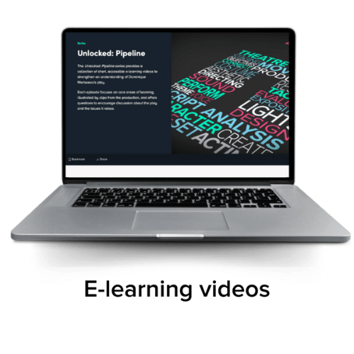 Laptop with a Digital Theatre+ e-learning video on the screen, with text 'E-learning videos'.