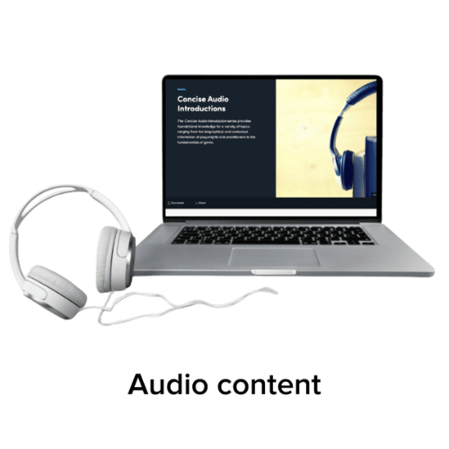 Laptop with a pair of headphones plugged in. On the screen is a Digital Theatre+ audio introduction, and text under the laptop reads 'Audio content'.