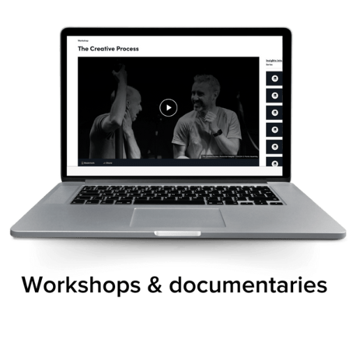Laptop with a Digital Theatre+ interview on the screen titled 'The Creative Process', with text 'Workshops &amp; documentaries'.